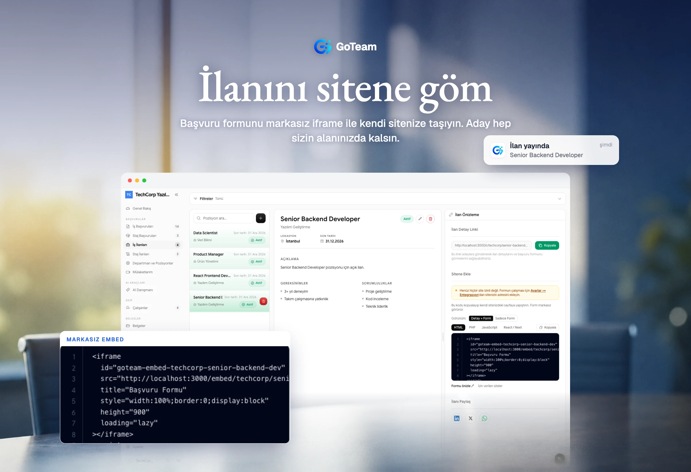 GoTeam - Yapay Zeka Destekli ATS - İlanı sitenize gömün